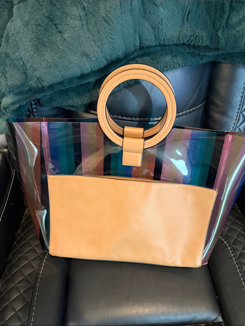Vince Camuto Tan Leather Accent Clear Tote Bag with Round Handles